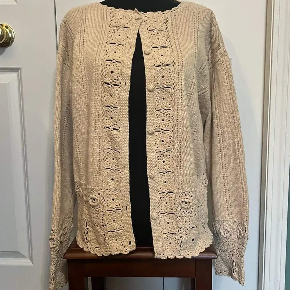 Vintage OBR Crochet Button Down Cardigan Sweater Cottage Core Classic Preppy L